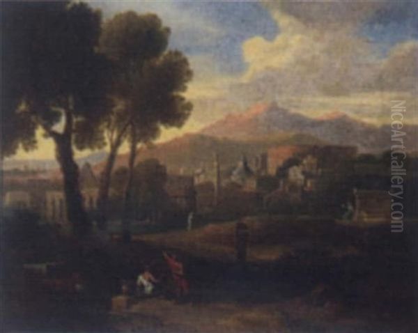 Figures In A Landscape Oil Painting by Gaspard Dughet