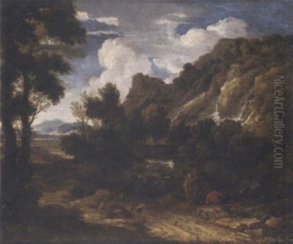 A Classical Landscape With Peasants Resting Beside A Track Oil Painting by Gaspard Dughet