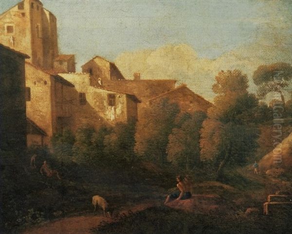 An Italianate Village Landscape With A Shepherd Resting In The Foreground Oil Painting by Gaspard Dughet