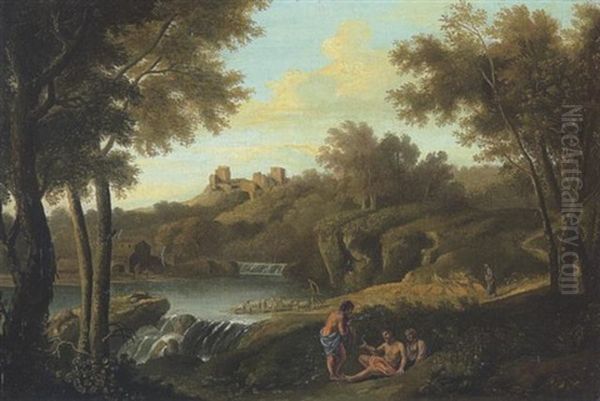 Sudliche Landschaft Mit Wasserfall Und Figurenstaffage by Gaspard Dughet