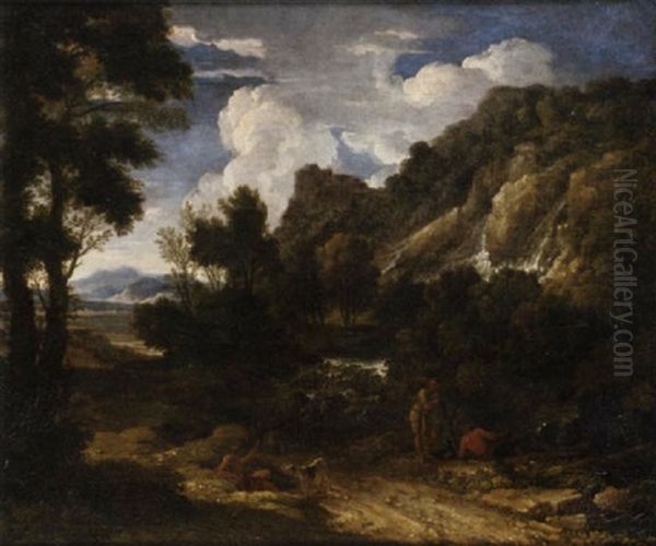 A Classical Landscape With Peasants Resting Beside A Road Oil Painting by Gaspard Dughet