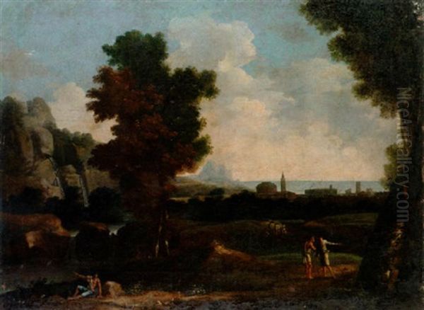 Classical Figures In An Arcadian Landscape With A Waterfall, A Coastal City Beyond Oil Painting by Gaspard Dughet