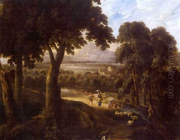 Paysage De La Campagne Italienne Avec Lavandiere, Berger Et Troupeau Sur Un Chemin Creux Oil Painting by Gaspard Dughet