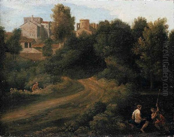 Classical Landscape With Figures Near A Bridge Leading To A Village Oil Painting by Gaspard Dughet