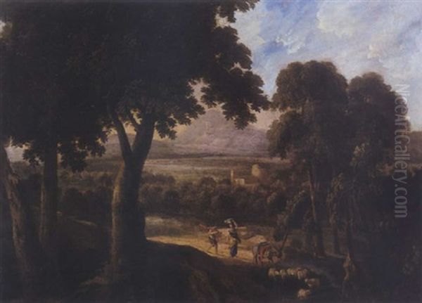 Paysage De La Campagne Italienne Avec Lavandiere, Berger Et Troupeau Sur Un Chemin Creux Oil Painting by Gaspard Dughet