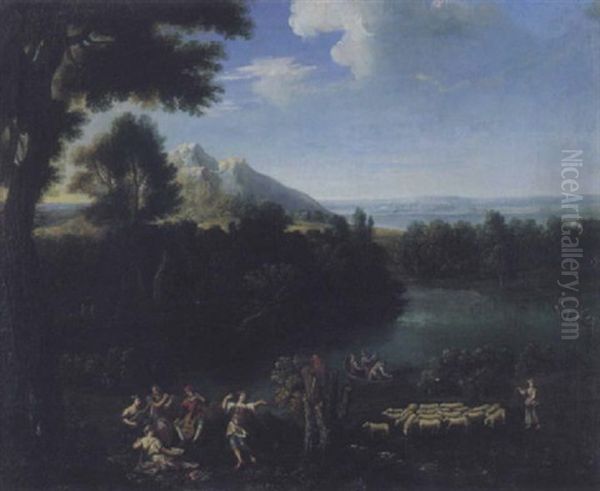 Arkadische Landschaft Mit Hirten Und Musizierende Gesellschaft Oil Painting by Gaspard Dughet