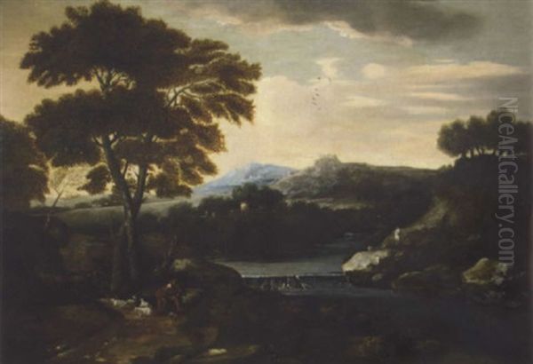 Classical Landscape With A Shepherd Minding His Flock Beside A River, With A Villa Beyond Oil Painting by Gaspard Dughet