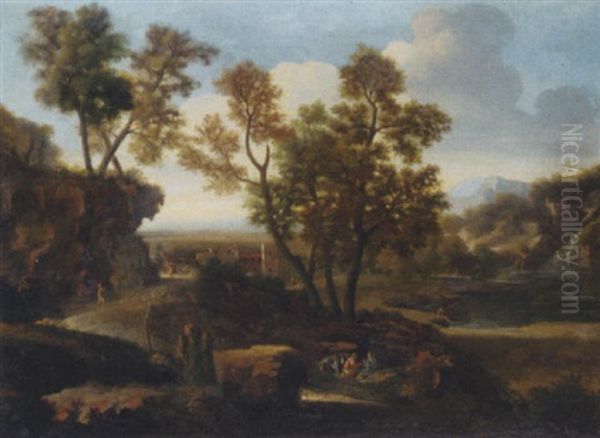 A River Landscape With A Sheperd And His Flock, A Fisherman And Other Figures, A Country House Beyond Oil Painting by Gaspard Dughet