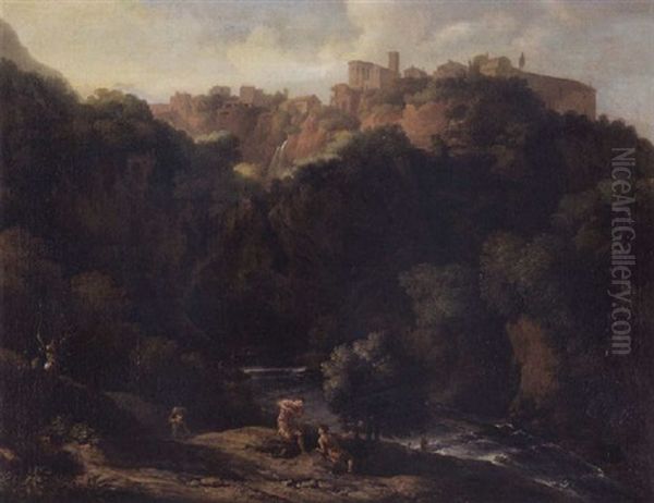 A View Of Tivoli, With The Teverone Flowing Beneath Oil Painting by Gaspard Dughet