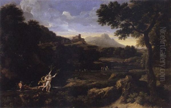 A Wooded Landscape With Apollo And Daphne Observed By Peneus Oil Painting by Gaspard Dughet