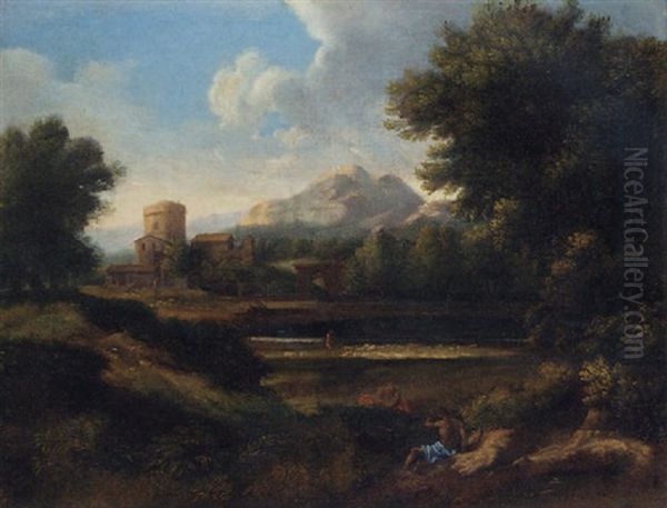 An Italianate Landscape With Shepherds In The Foreground Oil Painting by Gaspard Dughet