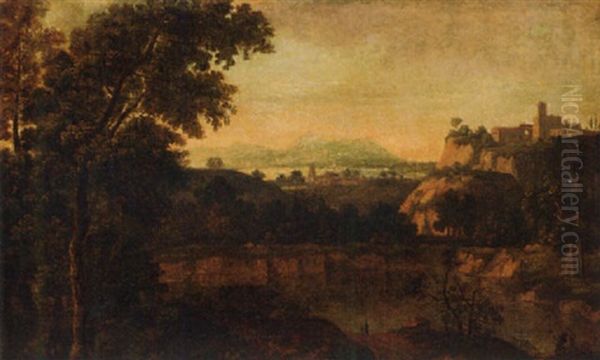 An Extensive Classical Landscape With Travellers Near A Lake Oil Painting by Gaspard Dughet