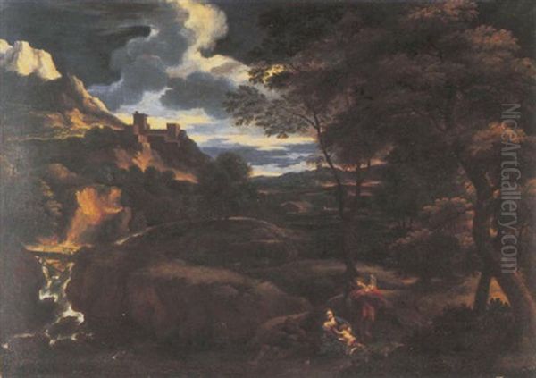 An Extensive Italianate Landscape With The Rest On The Flight Into Egypt Oil Painting by Gaspard Dughet