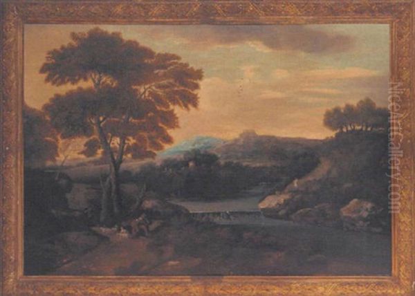 An Italianate River Landscape With A Shepherd Tending His Flock Oil Painting by Gaspard Dughet