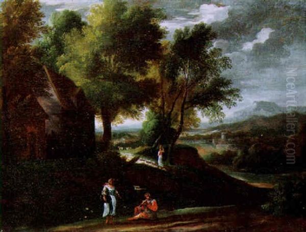 An Italianate Landscape With A Peasant And Her Livestock By A Cottage On A Path, A Piper In The Foreground, Mountians Beyond Oil Painting by Gaspard Dughet