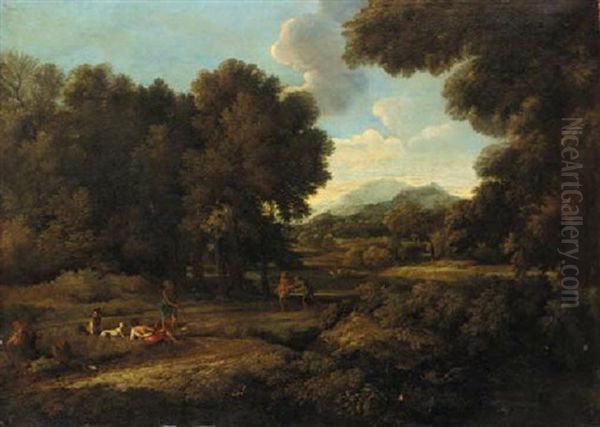 A Wooded Landscape With Figures By A Lake Oil Painting by Gaspard Dughet