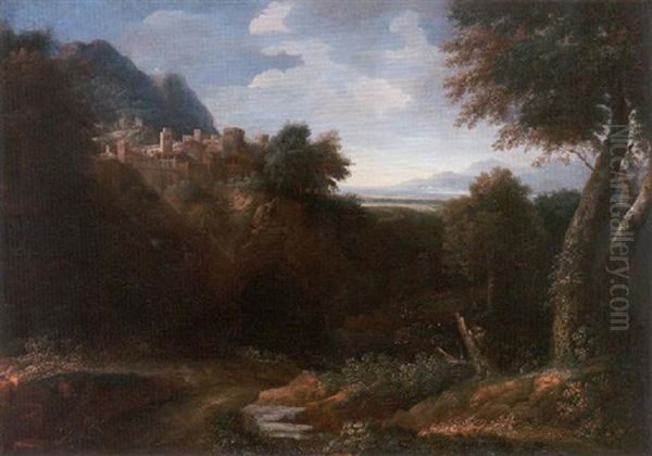 A Wooded Italianate Landscape With A Fortified Town On The Hill Top And The Sea Beyond Oil Painting by Gaspard Dughet