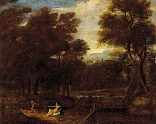 Venus And Cupid In An Extensive Lanscape Oil Painting by Gaspard Dughet