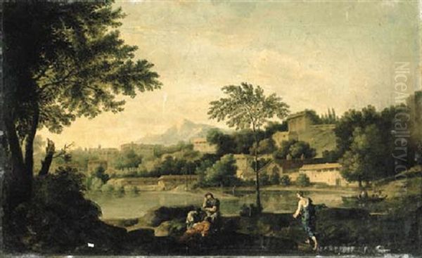 An Italianate River Landscape With Figures Resting, A City Beyond Oil Painting by Gaspard Dughet