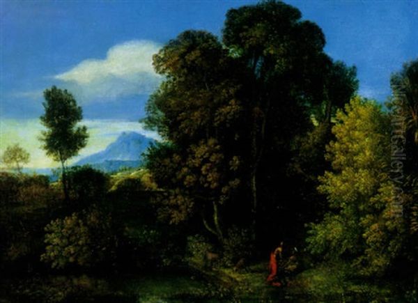 An Extensive Wooded Landscape With Figures By A Pond And A Mountain Beyond Oil Painting by Gaspard Dughet