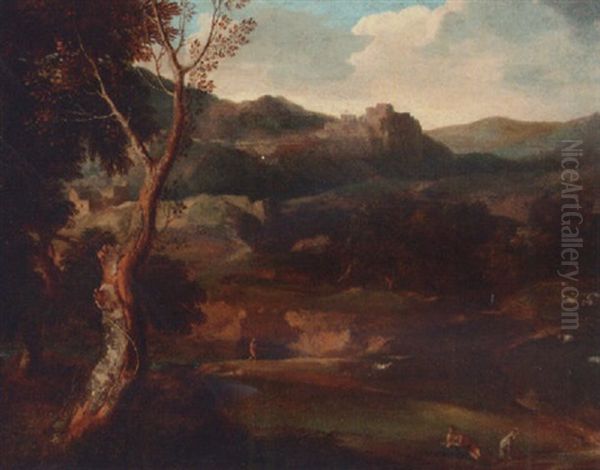 A Mountainous Italianate Landscape With Shepherds By A Lake Oil Painting by Gaspard Dughet