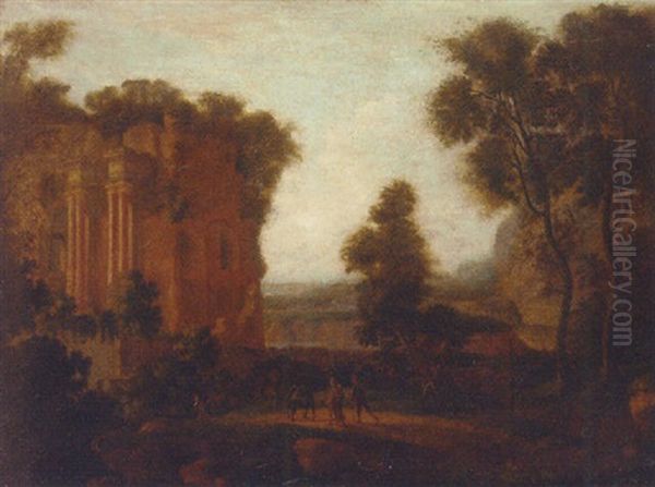 A Clasical Italianate Landscape With Travellers And A Donkey On A Track Oil Painting by Gaspard Dughet