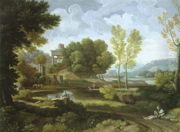 An Arcadian Landscape With Monks Reading On A Path Oil Painting by Gaspard Dughet