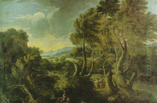 Italienische Landschaft Mit Wanderern, Schafer Und Rastendem Hirten Oil Painting by Gaspard Dughet