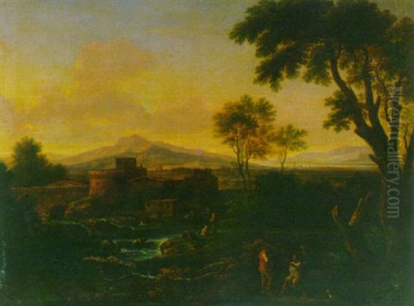 Flusslandschaft Mit Festung Und Figurenstaffage Oil Painting by Gaspard Dughet