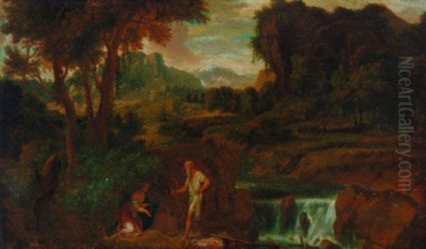 A Landscape With A Woman And Hermit Saint By A Rocky River Oil Painting by Gaspard Dughet