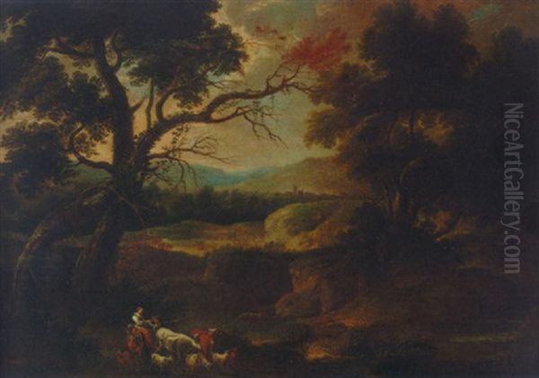 Drovers In A Wooded Landscape Oil Painting by Gaspard Dughet