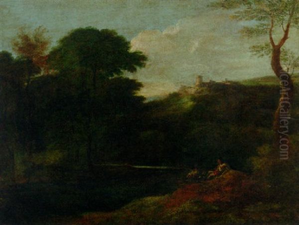 Figures In An Italianate River Landscape Oil Painting by Gaspard Dughet