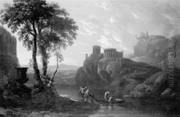 A View Of Classical Ruins With Figures By A Ferry Oil Painting by Gaspard Dughet