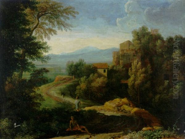 An Italianate Landscape With Figures By A Path Oil Painting by Gaspard Dughet