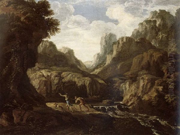 A Mountainous Landscape With Huntsmen And A Hound By A Torrent Oil Painting by Gaspard Dughet