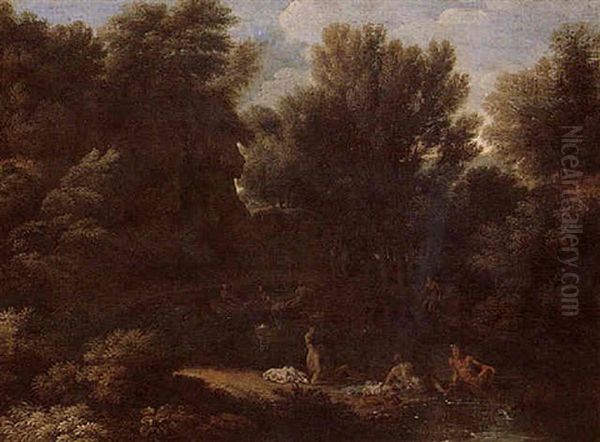 A Wooded Landscape With Figures Boating On A Lake, Others Resting In The Foreground Oil Painting by Gaspard Dughet