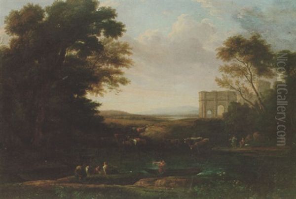 Figures And Cattle By A Pond, With Classical Ruins Beyond Oil Painting by Gaspard Dughet