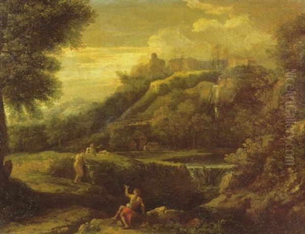 An Italianate Landscape With Classical Figures Resting Beside A Waterfall, A Hill Town And Mountains Beyond Oil Painting by Gaspard Dughet