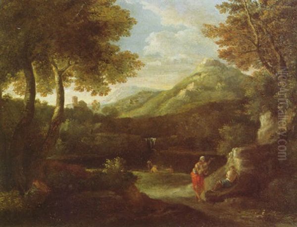 An Italianate Landscape With Classical Figures Beside A Lake, A Waterfall And Mountains Beyond Oil Painting by Gaspard Dughet