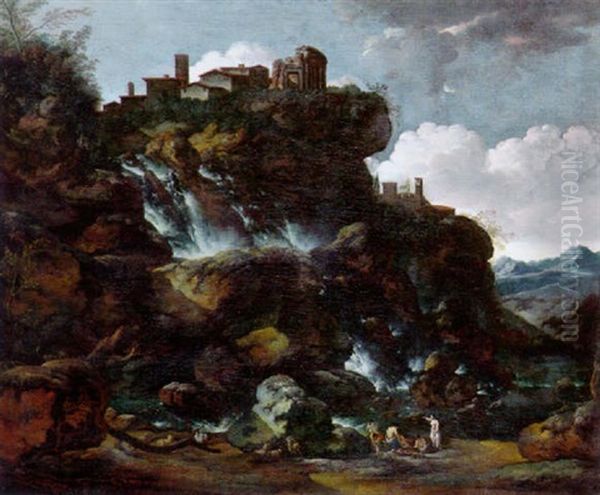 Felsige Landschaft, Hoch Oben Eine Tempelruine Oil Painting by Gaspard Dughet