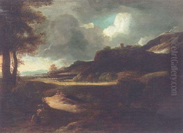 An Open Landscape After A Storm, With Travellers On A Path, A Hill Top Town Beyond Oil Painting by Gaspard Dughet