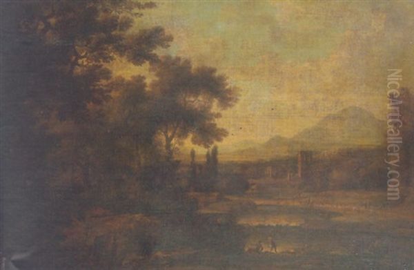 Italianate River Landscape With Fishermen, Mountains On The Horizon Oil Painting by Gaspard Dughet