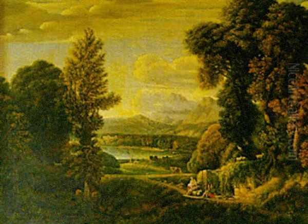 Paesaggio Agreste Con Lago E Borgo In Lontananza Oil Painting by Gaspard Dughet