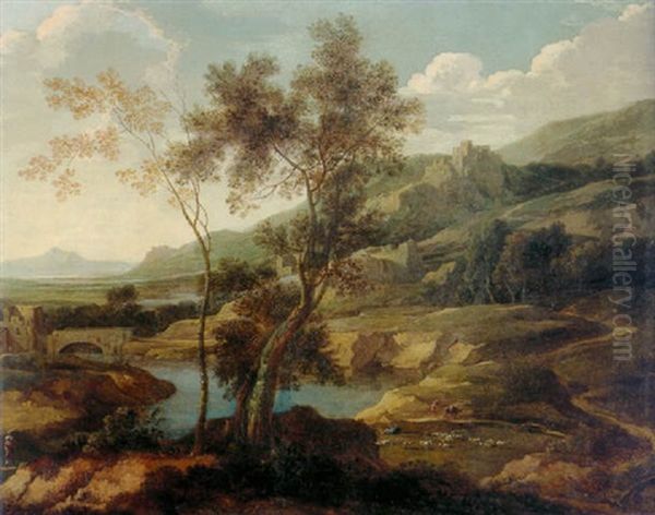 River Landscape With Shepherds And Their Flock Oil Painting by Gaspard Dughet