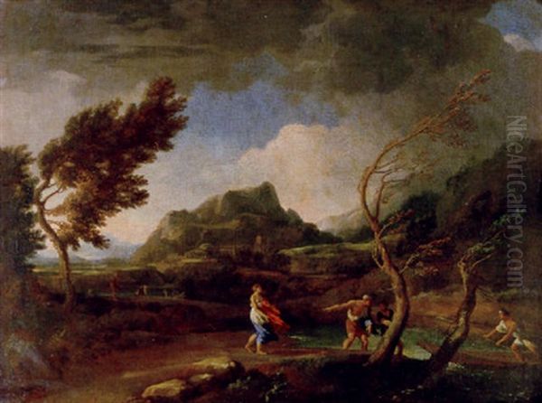 A Stormy Italianate Landscape With Figures By A River, A Town Beyond Oil Painting by Gaspard Dughet