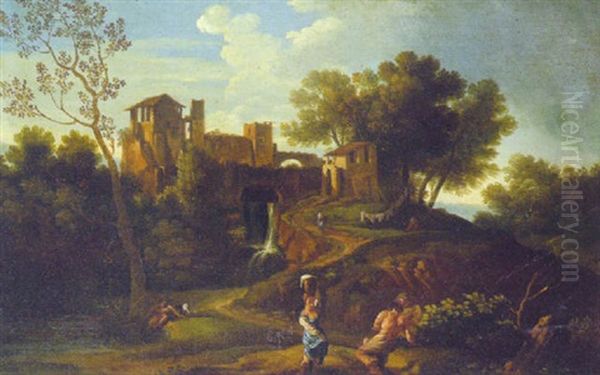 An Italianate Landscape With Figures On A River Bank, A Hilltop Village Beyond Oil Painting by Gaspard Dughet