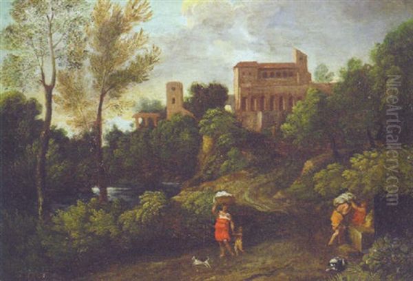 A Classical Landscape With Washerwomen On A Path, A Villa Beyond Oil Painting by Gaspard Dughet