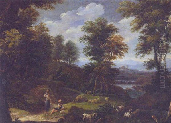 An Italianate River Landscape With A Herdsman Conversing With A Woman By A Path Oil Painting by Gaspard Dughet