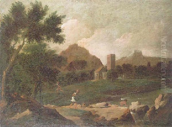 An Italianate Landscape With Shepherds Beside A River, A Castle And Mountains Beyond by Gaspard Dughet