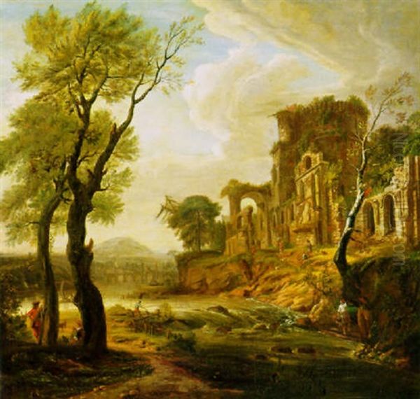 Figures Amongst Ruins By A River With A Bridge Beyond Oil Painting by Gaspard Dughet